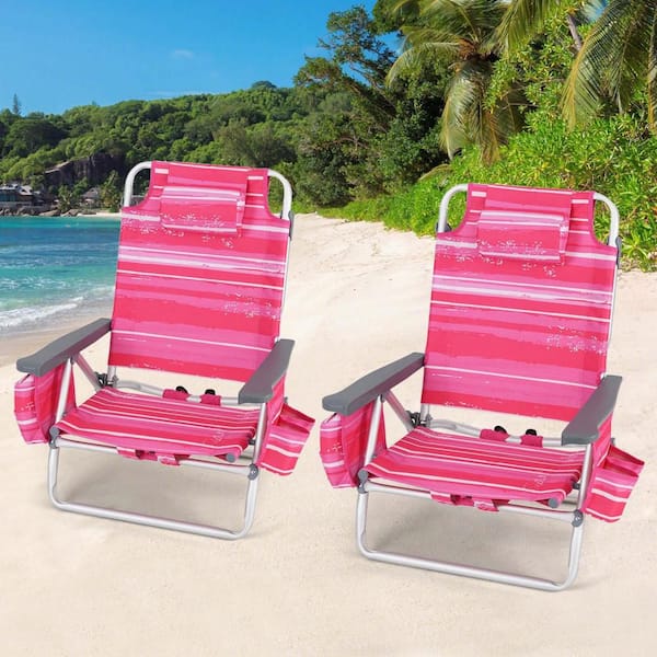Costway Pink Aluminum Backpack Folding 5-Position Beach Chair with Pillow (2-Pack)