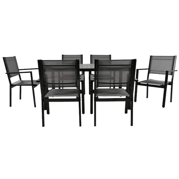 7-Piece Metal Outdoor Dining Set with Rectangle Table and Elegant Chairs in Gray