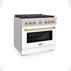 Autograph Edition 36 in. 6-Burner Freestanding Gas Range and Convection Oven in White Matte and Champagne Bronze
