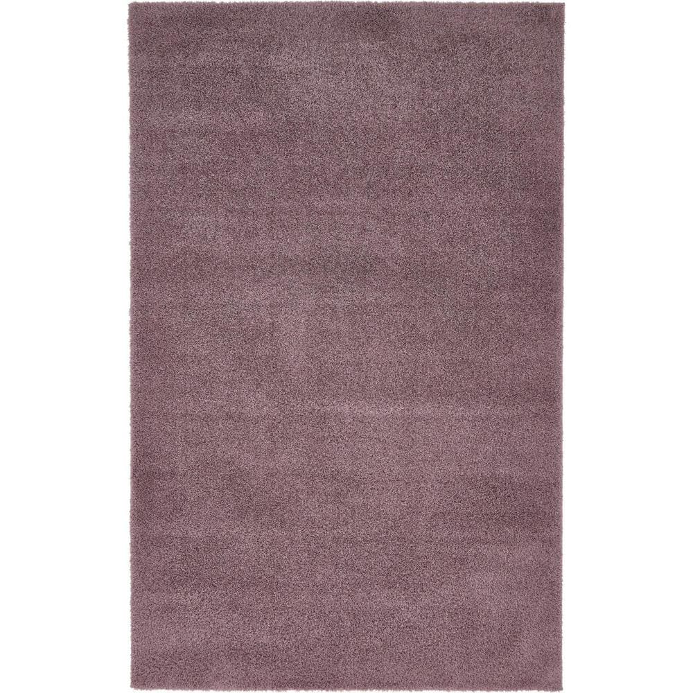 Mauve Rectangular Solid Shag Synthetic Area Rug 5' x 8'