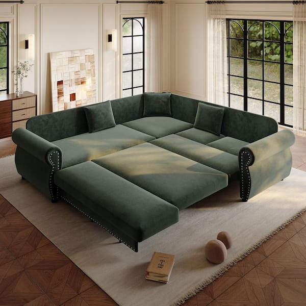 Oversize Convertible 88.2 in. Chenille Fabric Sectional Sofa in Green with Nailhead Trim, Pull-out Sofa Sleeper