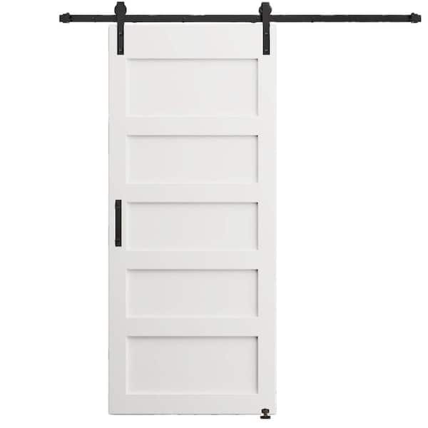 Unbranded 36 in. x 80 in. 5-Grid White Primed Interior Sliding Barn Door with Hardware Kit, MDF, Barn Door Slab