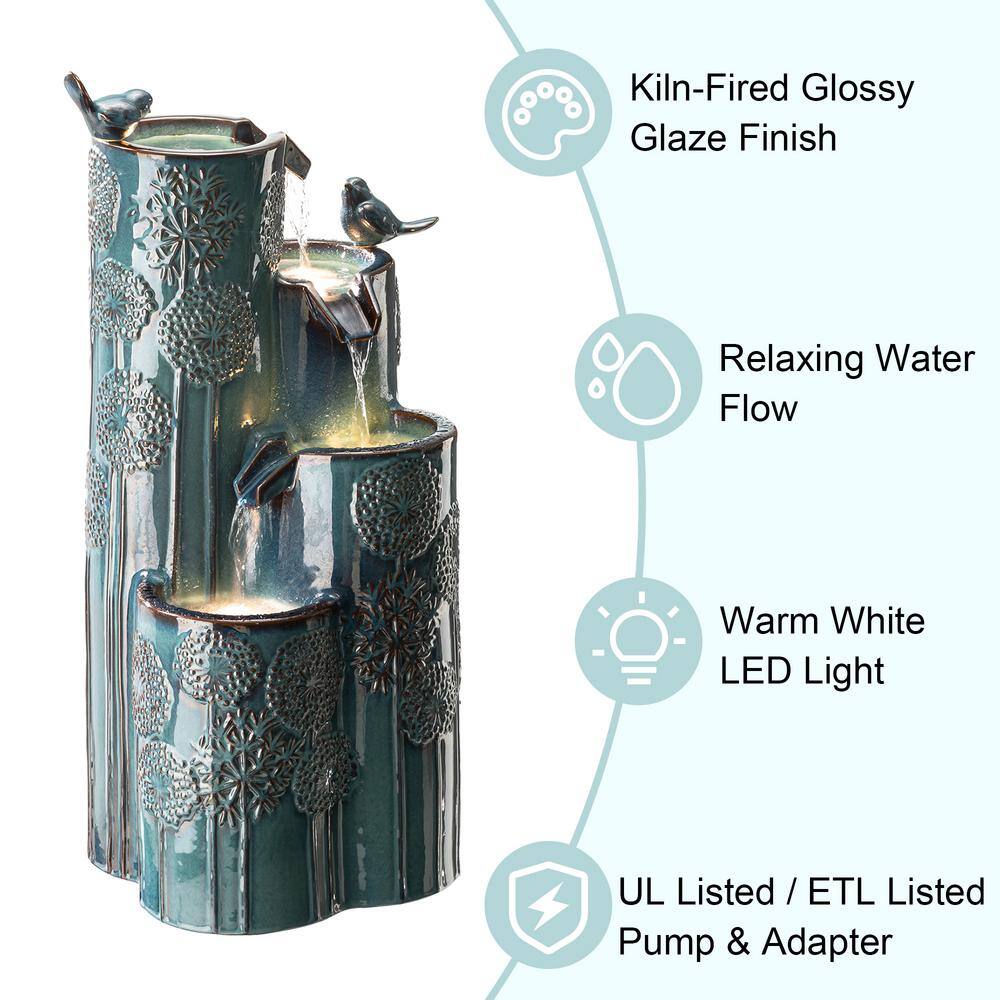 31.75" Turquoise Ceramic 4-Tier Outdoor Fountain with Birds and LED Lights