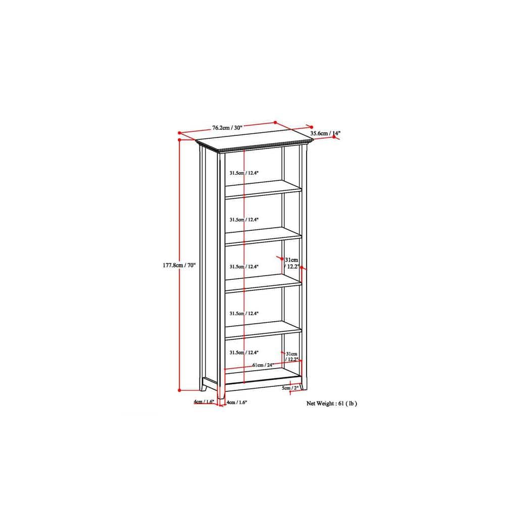 Amherst Adjustable 5-Shelf Solid Wood Bookcase in Russet Brown