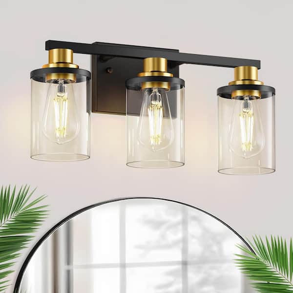 17 in. 3-Light Black and Gold Bathroom Vanity Light Fixtures Over Mirror with Clear Glass Shades for Bathroom
