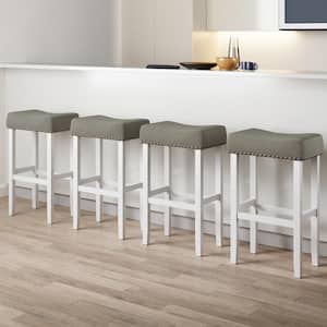 Hylie 29 in. White Wood Nailhead Pub Counter Backless Bar HeightStool Gray Fabric Cushion, Set of 4