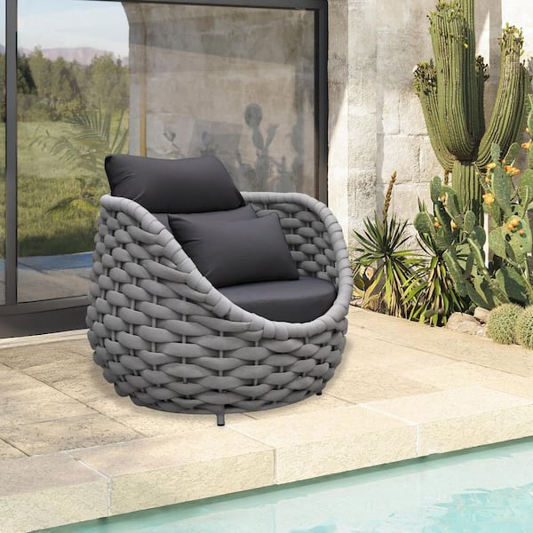 TWT Bird's Nest Shaped Gray Aluminum Hand-Woven Patio single sofa Outdoor Couch with Dark Gray Cushions
