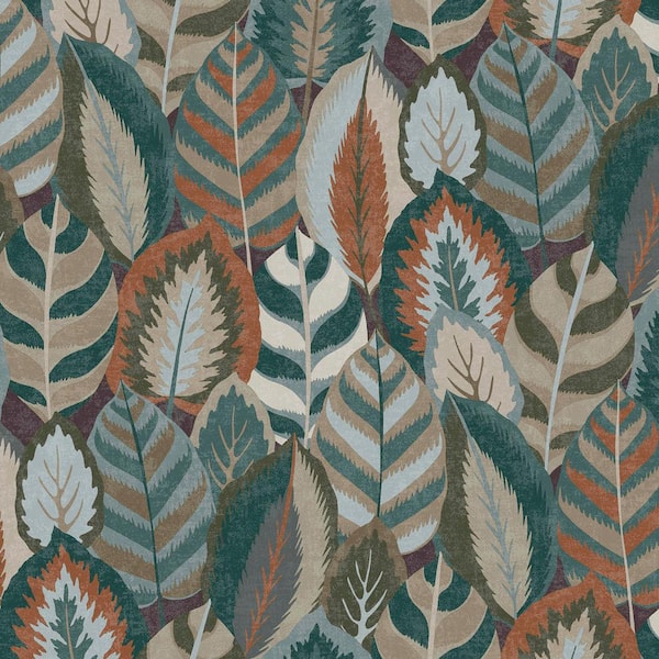 Graham & Brown Sublime Arty Leaves Green, Blue, and Terra Wallpaper Sample
