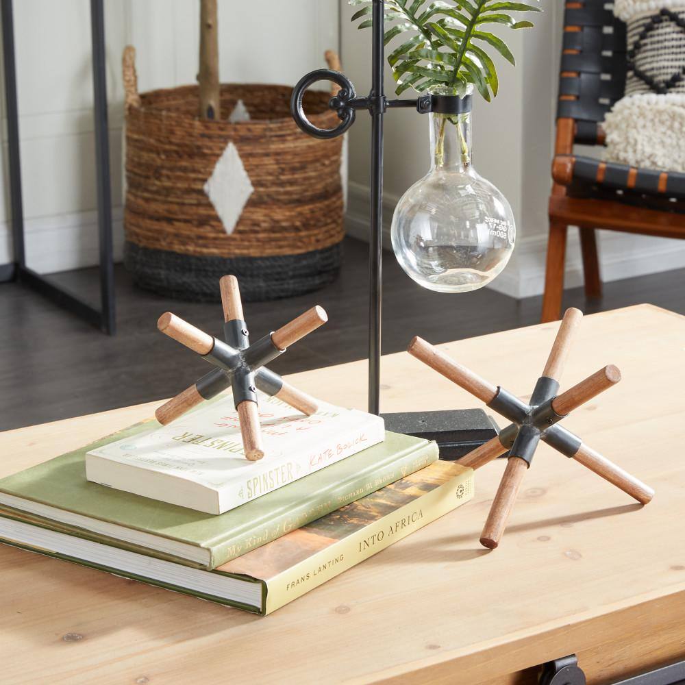 Rustic Dark Wood X-Shaped Tabletop Sculpture