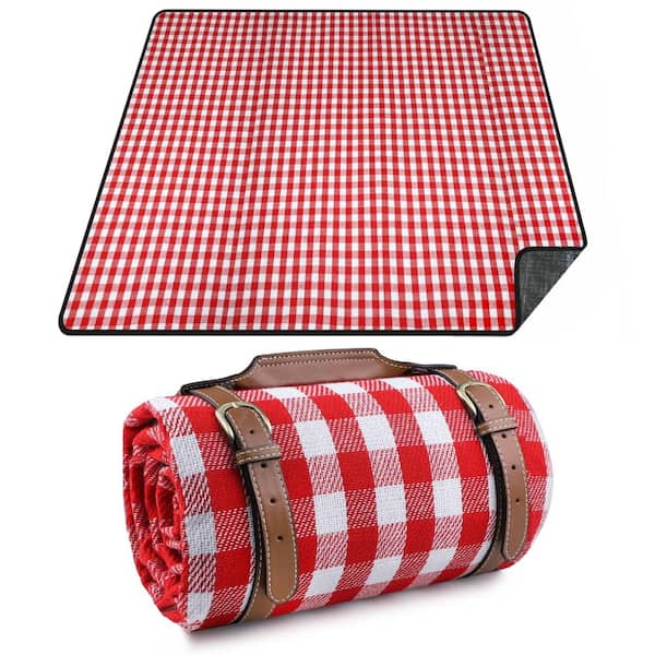 80 x 60 in Extra Large Waterproof Sandproof Foldable Outdoor Picnic Blanket with PU Carrier, Red White Plaid