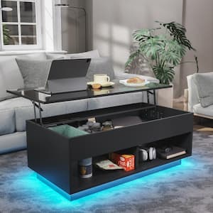 40.16 in. Black Rectangle Wood Lift Top Coffee Table with RGB LED Light, Hidden Compartment, Open Shelves