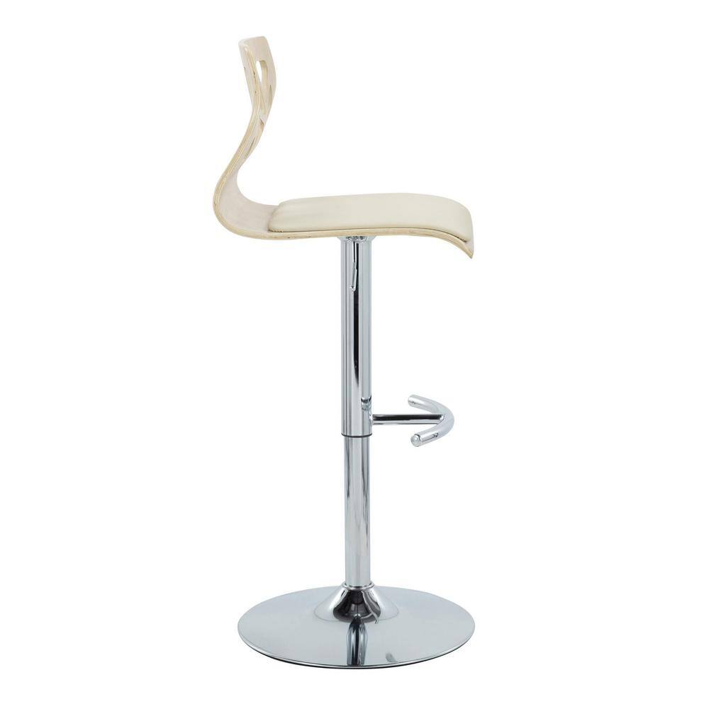 Adjustable Cream Faux Leather and Natural Wood Swivel Bar Stools