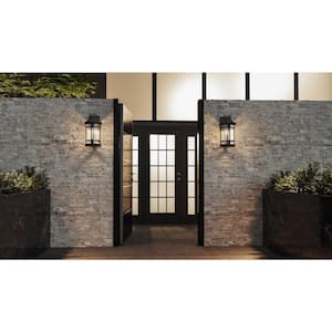 Quincy 8.5 in. 1-Light Earth Black Outdoor Wall Lantern Sconce with Clear Seeded Glass