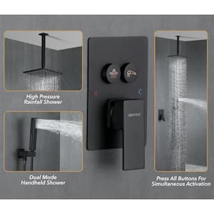 Single Handle 3-Spray Shower Faucet 1.8 GPM 10 in. Square Ceiling Mounted Shower with Pressure Balance in. Matte Black