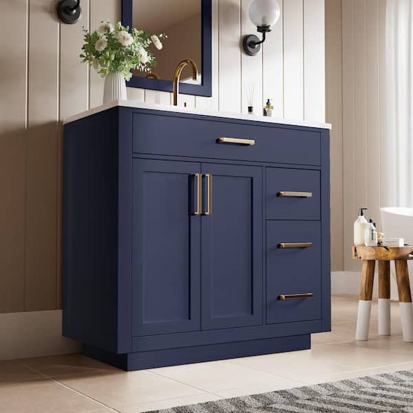 36 in. Navy Wood Single Sink Freestanding Bathroom Vanity with White Ceramic Top