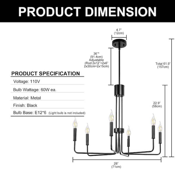 YANSUN 6-Light Black Farmhouse Chandelier Rustic Industrial 