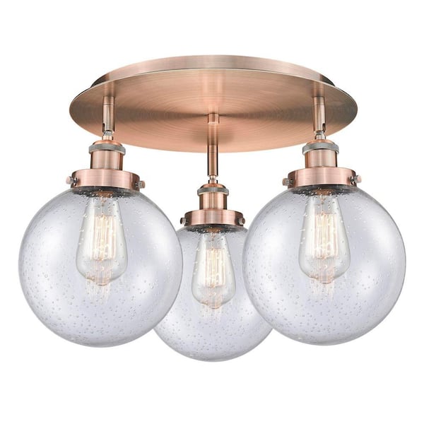 Canton 19.75 in. 3-Light Antique Copper Art Nouveau Flush Mount with Seeded Glass Shade