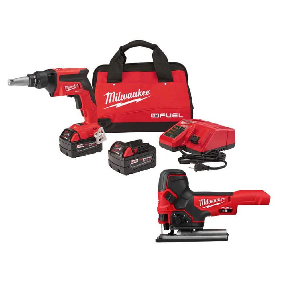 MILWAUKEE M18 FUEL 18V Lith-Ion Brushless Cordless Drywall Screw Gun Kit w/ (2) 5. 0Ah Batteries, Charger and Jig Saw (2866-22-27)