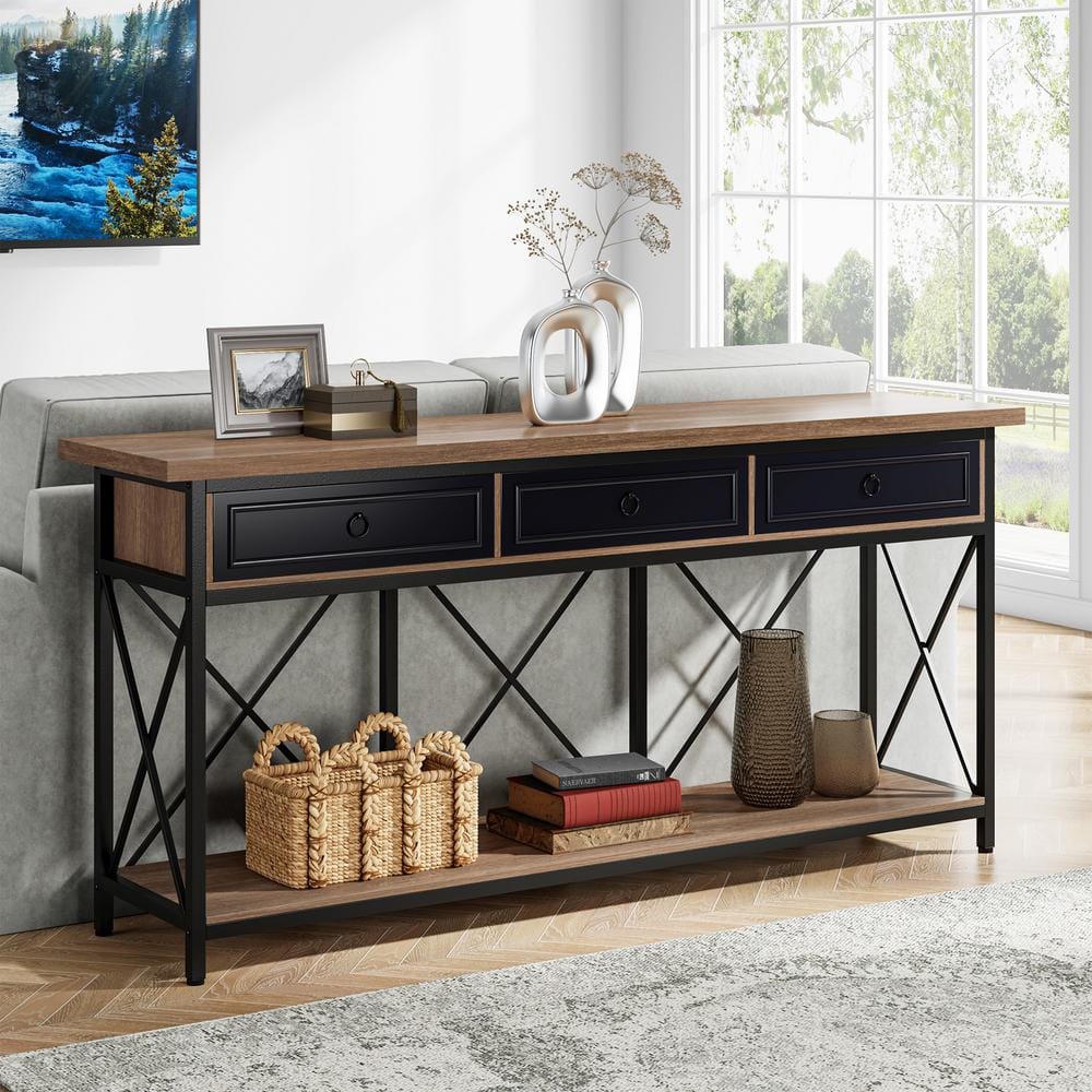 70.8" Black and Brown Wood Console Table with Storage