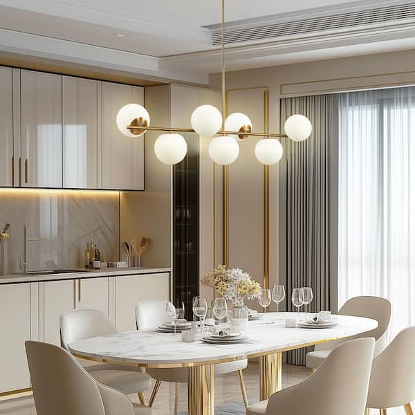 7-Light Gold Linear Island Pendant Light with Frosted Globe Shades E26for Kitchen and Dining (Light Bulbs Not Included)