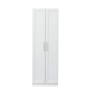 White Wood Pantry Organizer Kitchen Cabinet with 2 doors and 3 partitions to separate 4 storage spaces