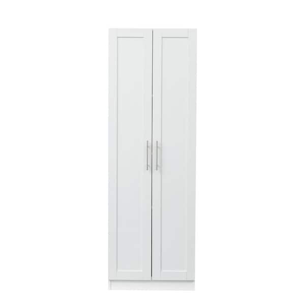 Unbranded White Wood Pantry Organizer Kitchen Cabinet with 2 doors and 3 partitions to separate 4 storage spaces