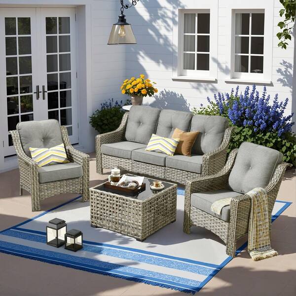 Caodoc Harpera 4-Piece Wicker Outdoor Patio Conversation Sofa Seating Set with Coffee Table and Dark Gray Cushions