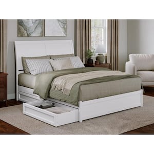 Andorra White Solid Wood Frame Queen Platform Bed with Panel Footboard and Storage-Drawers