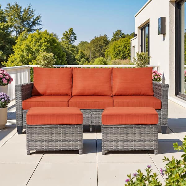 Audrey Gray 3-Seat Wicker Outdoor Lounge Chair Patio Seating Set with Orange Red Cushion and Ottomans for Patio, Deck