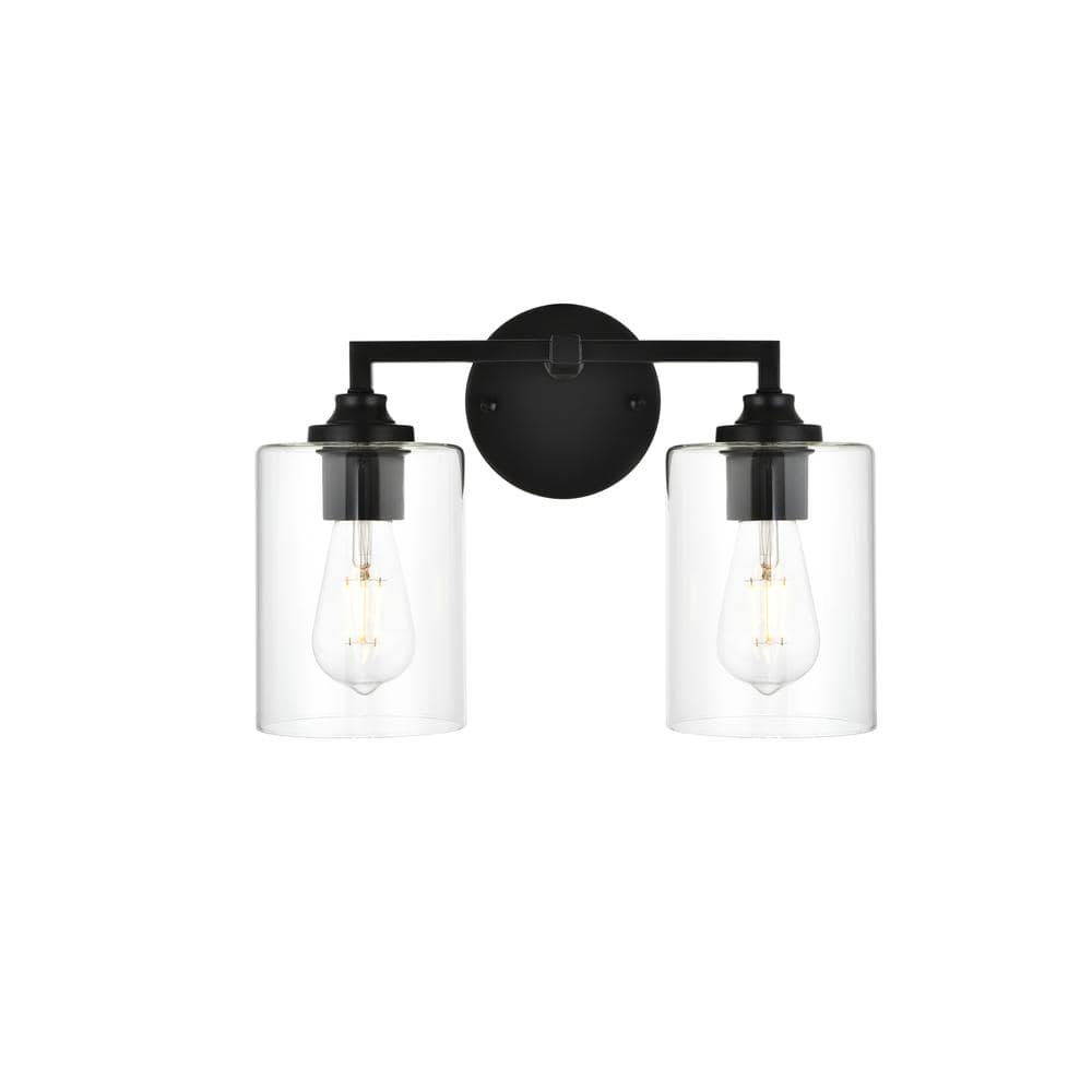 Simply Living 14 in. 2-Light Modern Black Vanity Light with Clear Cylinder 