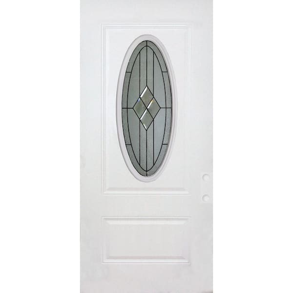 Steves & Sons Reliant 36 in. x 80 in. 1 Panel 3/4 Oval LHIS Quattro Decorative Glass White Primed Fiberglass Prehung Front Door