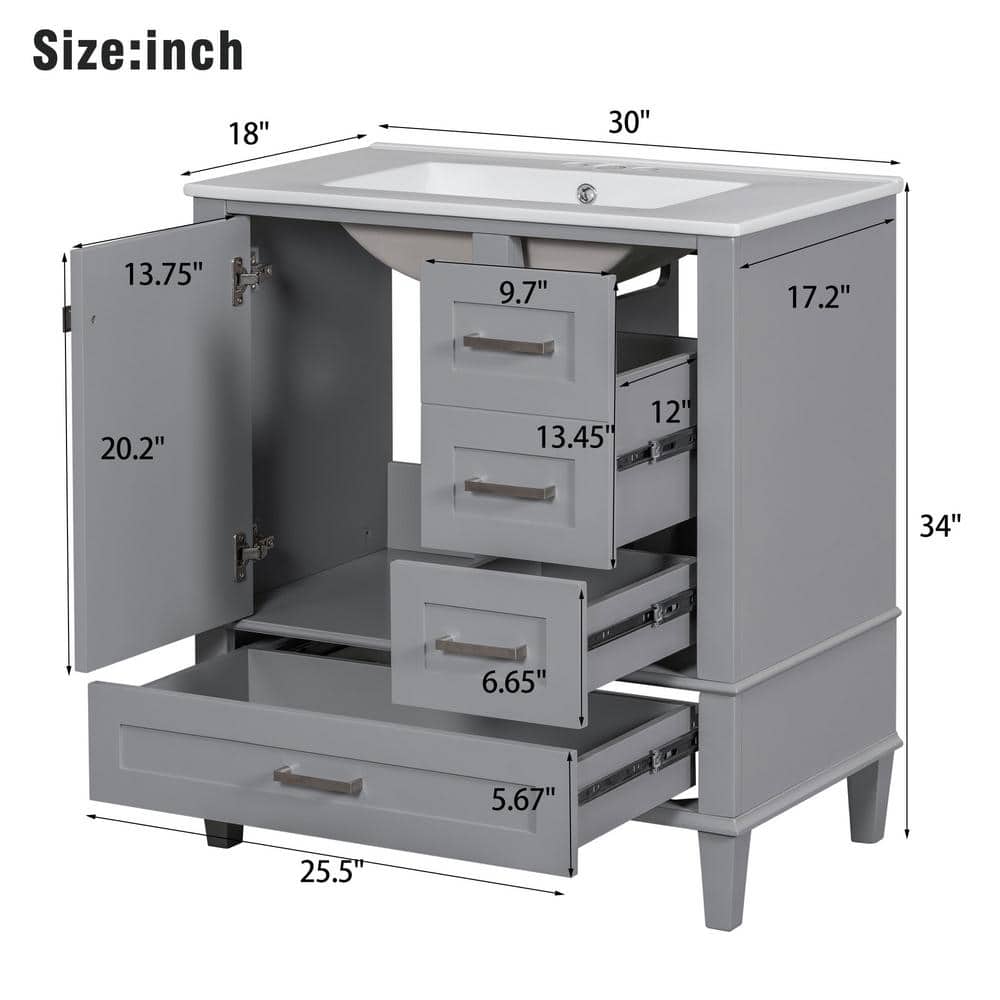 30 in. Grey MDF Freestanding Single Sink Bath Vanity with White Ceramic Top