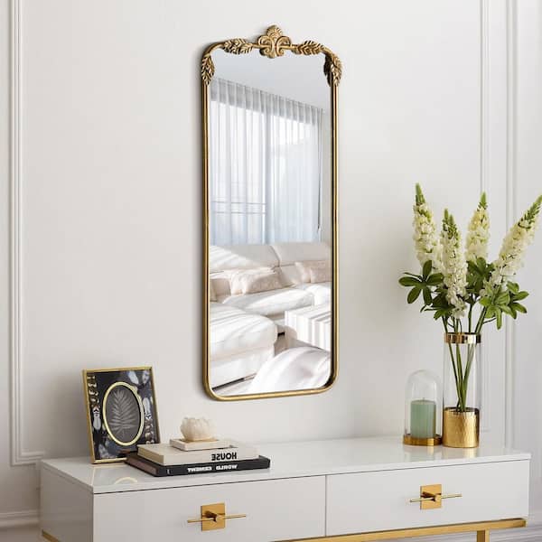 16 in. W x 36 in. H Rectangular Antiqued Baked Gold Finish Iron Framed with Carved Accent Wall Mirror