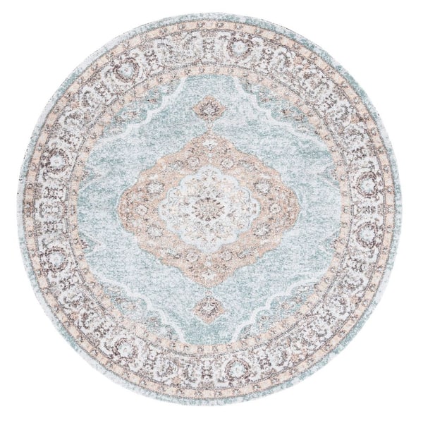 Classic Vintage 6 ft. x 6 ft. Sage/Green Border Distressed Round Area Rug