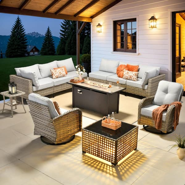 Supery Gray 11-Piece Wicker 54 in. Rectangle Fire Pit Patio Conversation Set with Gray Cushions and Swivel Chairs