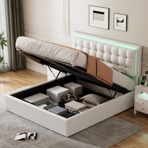 Button-Tufted White Wood Frame Queen Size PU Leather Upholstered Platform Bed with Hydraulic Storage System, LED Lights