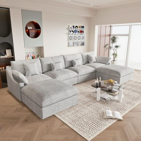 Oversized 156 in. Flared Arm Down Filled Gray Plush Linen Modular U-shaped Cloud Couch Sofa with Ottoman, Washable Cover
