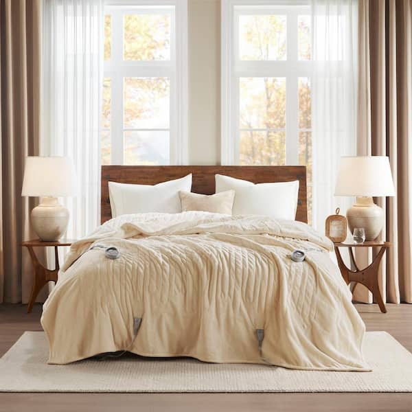 Heated Plush to Berber Tan Polyester Twin Electric Blanket