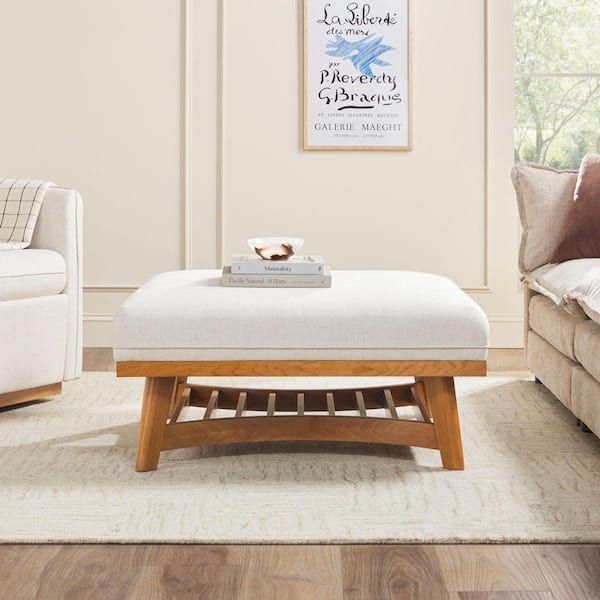 Nash Cream Modern Farmhouse Linen Large Square Ottoman