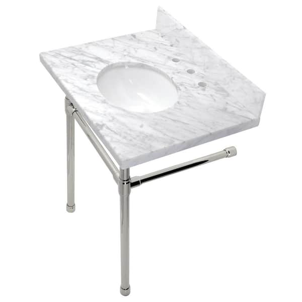 Dreyfuss 30 in. Carrara Marble Console Vanity Top with Stainless Steel Legs in Polished Nickel