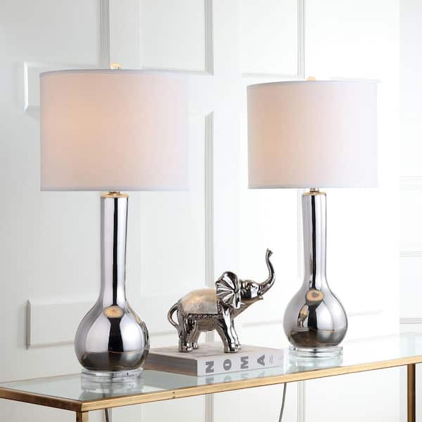 SAFAVIEH Mae 30.5 in. Silver Long Neck Ceramic Table Lamp with Off-White Shade (Set of 2)