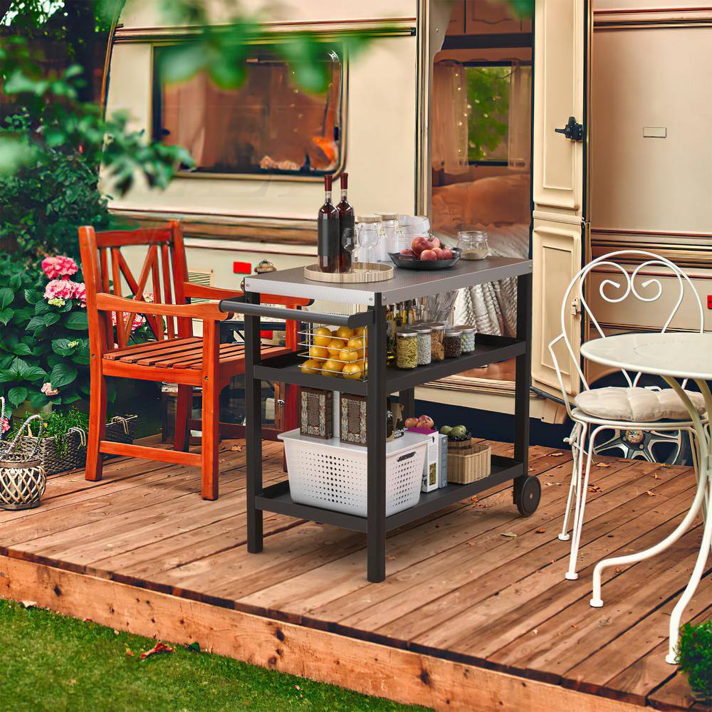 3-Shelf Black and Silver Outdoor Grill Cart with Stainless Steel Top