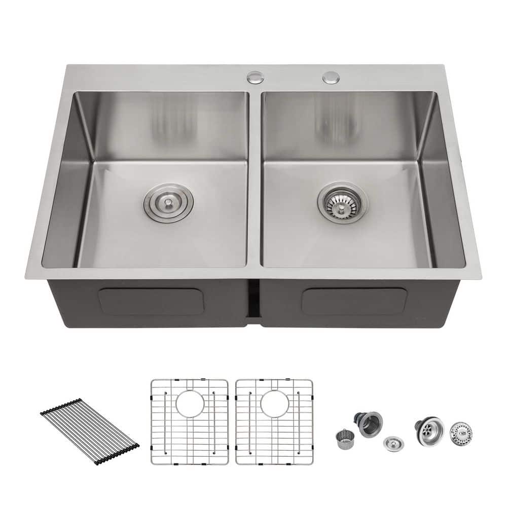 33 in. Drop-In Double Bowl 16 Gauge Brushed Nickel Stainless Steel Kitchen Sink with Drain Assembly and Drying Rack price history on PriceWatchPro