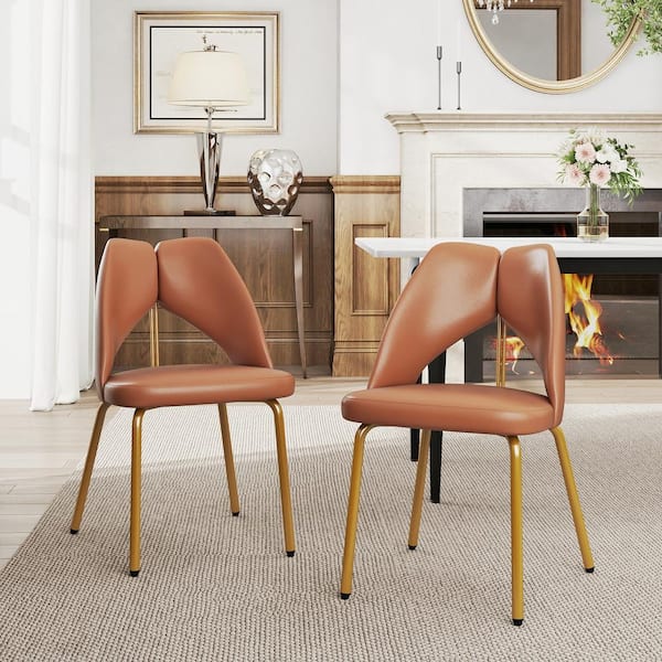 Magic Home (Set of 4) Orange PU Leather Dining Chairs with Gold Stainless Steel Legs