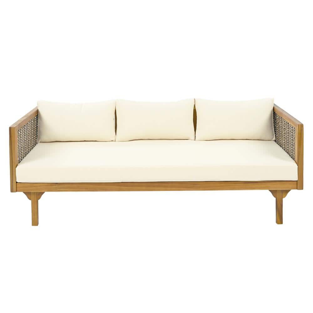 Acacia Wood Outdoor 3-Seater Day Bed for Patio Lawn Backyard Poolside with Cushions Beige price history on PriceWatchPro
