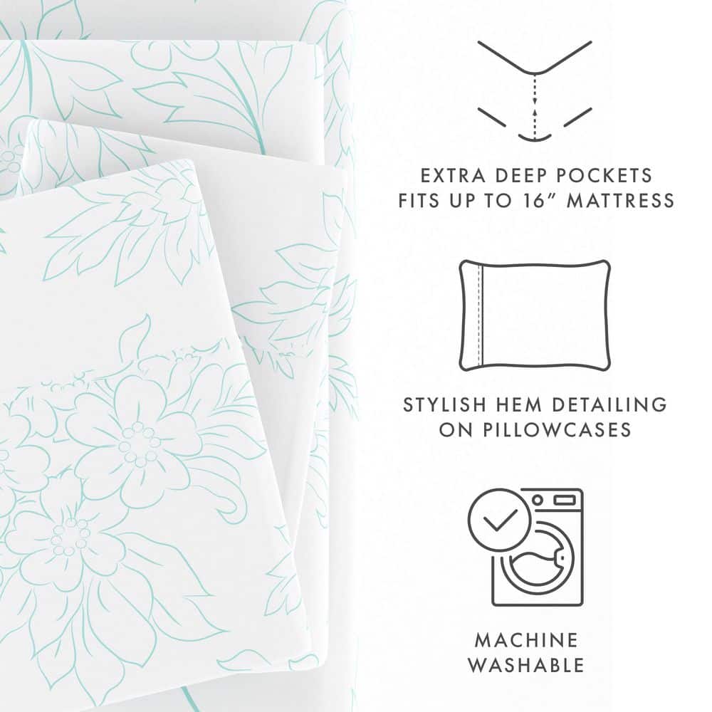 Aqua Floral Twin Cotton Polyester Microfiber Sheet Set