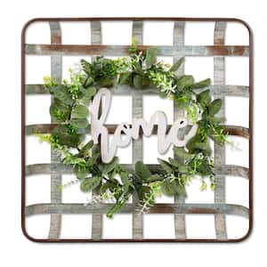 16.46 in. L Metal Strap "Home" with Artificial Wreath Wall Decor