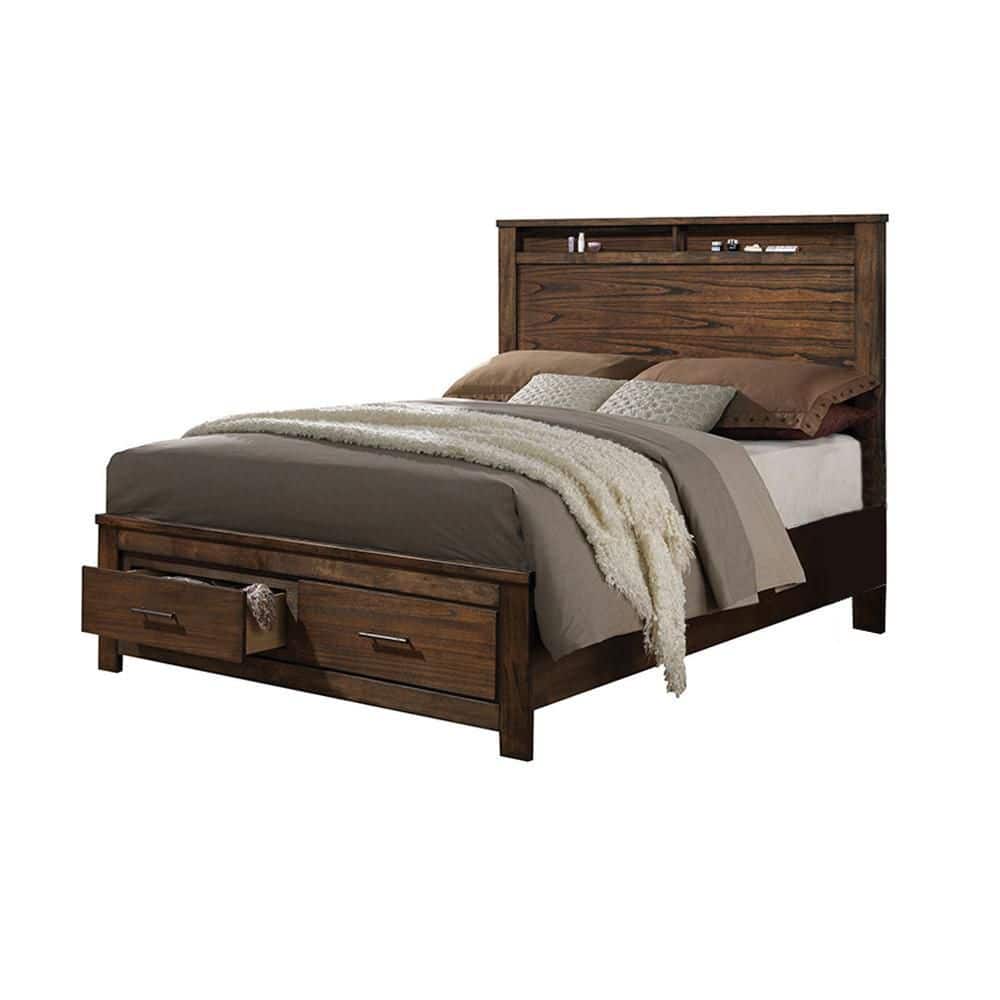Oak Queen Bed with Storage and Upholstered Headboard