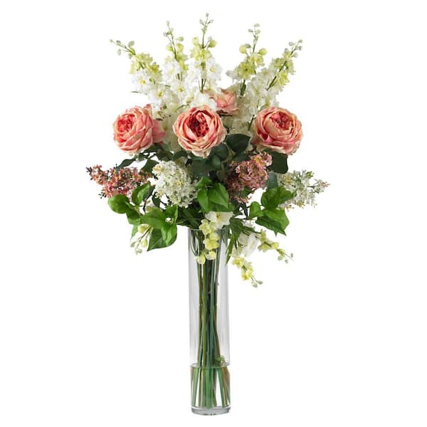 Nearly Natural 38 in. Artificial H Pink Rose, Delphinium and Lilac Silk Flower Arrangement