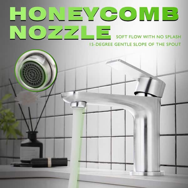 Basin Faucet Single Handle Single Hole Bathroom Faucet with 15° Angled Spout Splash-Free Drain Set in Brushed Nickel